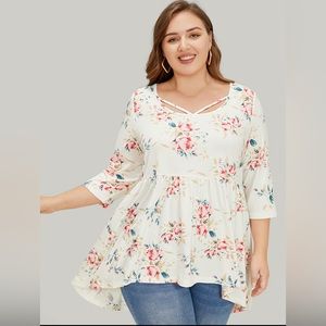 BloomChic Floral Gathered High Low Hem T-Shirt Blouse